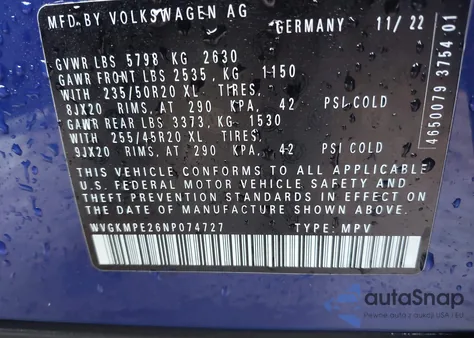 2022 Volkswagen Id.4 Pro S from USA, damaged, VIN WVGKMPE26NP074727